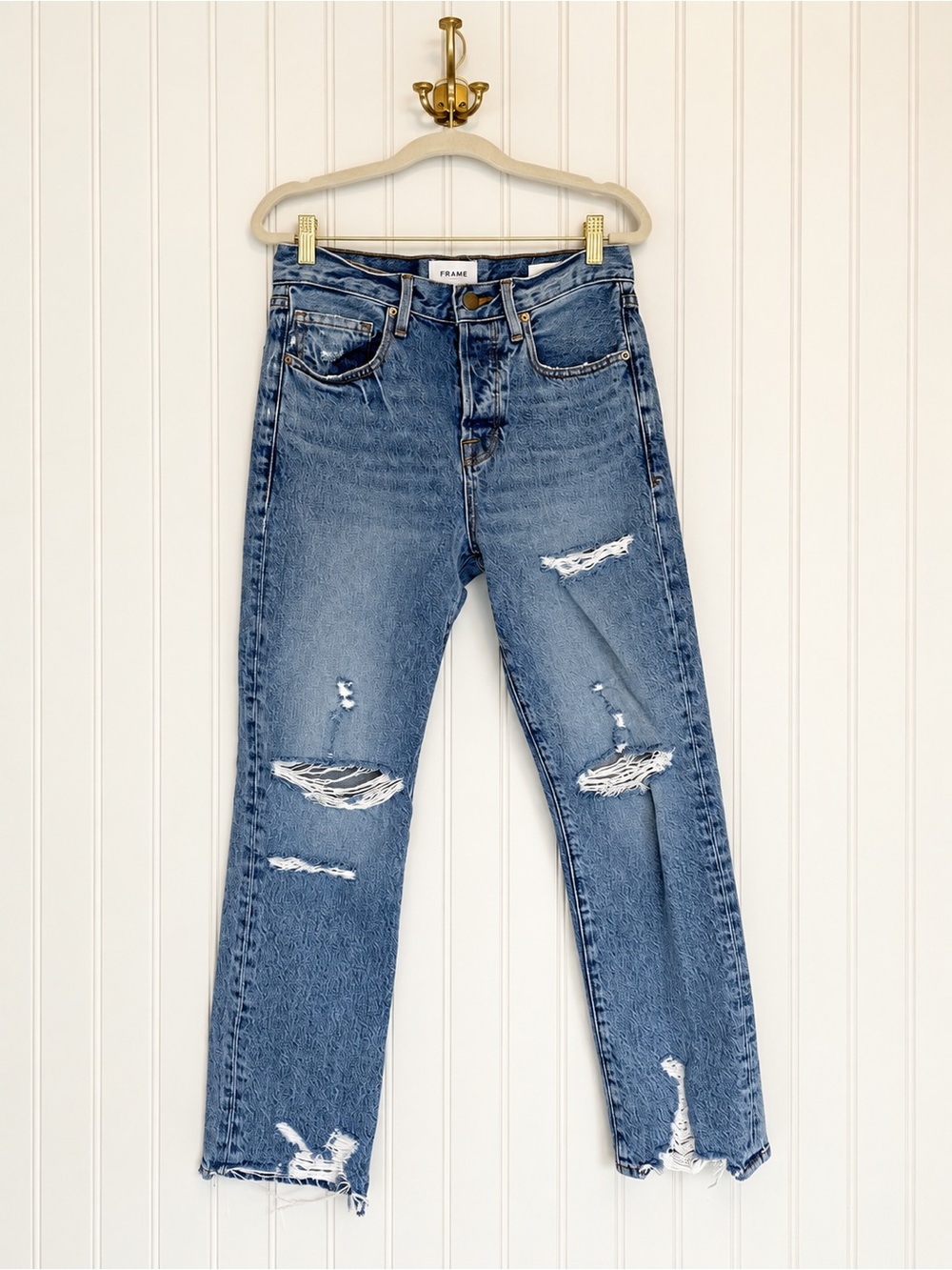 FRAME Le Original Cascade Blue Rips Jeans 26 High Rise Distressed Straight Leg